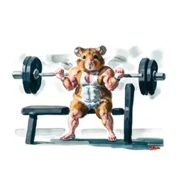 a pumped up broad-shouldered hamster in the gym bench presses a giant barbell