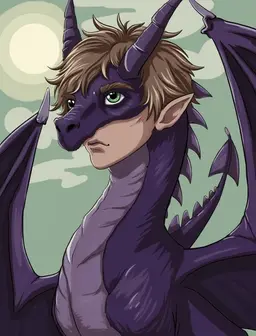  I have short light brown hair male and emerald green eyes and I'm a bit on the short side for a human dragon  hybrid and Im a purple dragon. I have dragon horns, wings and tail but the rest is human