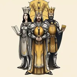 Three people, each symbolizing a certain branch of power: a sage in a robe, symbolizing knowledge, a paladin with a shield, symbolizing security, and the chief ruler with a golden crown, who stands in the foreground