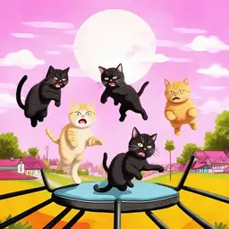 5 crying cats jumping on a trampolin