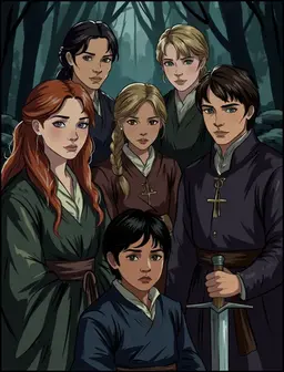 A group of six people all dressed in medieval attire. 5 adults: one 18 yo girl with long wavy copper hair and purple eyes. An 18 yo asian girl. An 18 yo blond boy with grey eyes. An 18 yo boy with brown hair and grey eyes. And an 18 year old blond boy with brown eyes. Apart from the five adults there is one child, a seven year old boy with black hair and brown eyes.