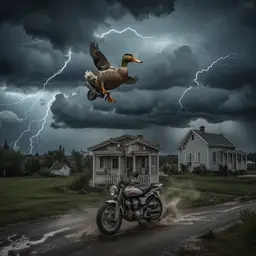A duck 6idingacmotorbike jumpingover a house riding a motor bike in  a violent thunder storm