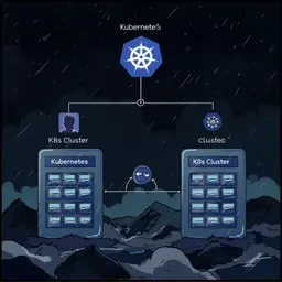 The image represents a Kubernetes multi-cluster architecture. Here are the key details:

Kubernetes Icon: At the center of the image, there is a Kubernetes logo, signifying Kubernetes as the orchestrator managing multiple clusters.

Two Kubernetes Clusters: The image contains two separate Kubernetes clusters, each labeled "K8s Cluster." Each cluster consists of multiple smaller rectangular elements, likely representing nodes or pods inside the clusters.

Connectivity Between Clusters:

There is a link (line) between the two clusters, which signifies inter-cluster communication.
One of the clusters has a circular synchronization icon, indicating potential federation, replication, or failover between the clusters.
User Interaction:

A user icon is shown interacting with Kubernetes, possibly representing an administrator or a user managing or deploying applications across clusters.
Multi-Cluster Deployment: This diagram likely represents a scenario where multiple Kubernetes clusters are deployed across different regions, data centers, or cloud providers, with mechanisms for synchronization, redundancy, or disaster recovery.