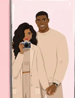 A realistic mirror selfie taken in an H&M fitting room. The woman is holding a Canon G7X camera, partially covering her face. She has thick, long black hair styled in a soft, girly blowout, with a fair Bengali skin tone. She’s wearing subtle glam makeup with defined brows, brown eyes, and naturally full lips. Her outfit is modest but fashionable—Zara-inspired with relaxed tailoring, a stylish abaya or long coat layered over a neutral chic set (think wide-leg trousers, long sleeve top, and designer-esque accessories)

She’s holding hands with a trendy man standing beside her, slightly taller but not towering. He has a tanned skin tone, muscular build, and is wearing beige Zara-style loungewear (e.g., sweatshirt and matching joggers). His posture is relaxed, and they both have warm, subtle smiles. Their hands are naturally intertwined, and the woman’s hands visibly show scarring and hyperpigmentation from healed eczema—mainly around the knuckles and sides of the fingers, realistically 