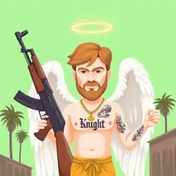 A Roman baby angel in the street and a ak47 in his hands and he 
shirtless with a "St Knight" tatto in his chest and other face tattoos, the sky is green and palm trees in the background 