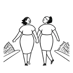 Two women laughing and walking together along a pathway