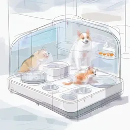 The whole square is surrounded by transparent viewing windows, and the front is reticulated. Dry and ventilated, transparent all around, the space should be large, the top is equipped with an emergency call, there are food troughs and sinks inside, there is a smart display screen on the right side of the outside, and the bottom of the interior is designed to be portable and replaceable nursing pads, and there is temperature control in the next day to maintain the temperature of the nursing pads for pets