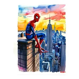 Spider-Man Miles Morales stands on the edge of the roof of a New York skyscraper in the evening, sunset in the sky