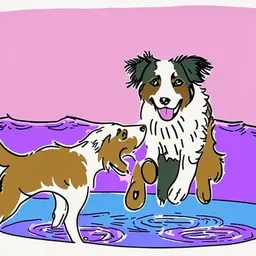 two australian shepherd dogs playing in the splash pool