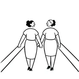 Two women laughing and walking together along a pathway