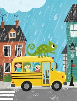 a chameleon missing the bus to school and having to walk to school in the pouring rain on street
