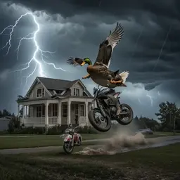 A duck 6idingacmotorbike jumpingover a house riding a motor bike in  a violent thunder storm