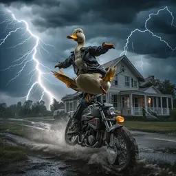 A duck 6idingacmotorbike jumpingover a house riding a motor bike in  a violent thunder storm