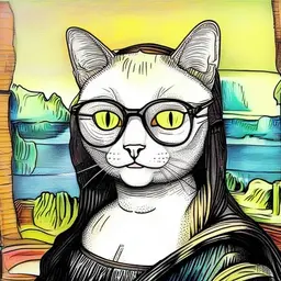 white cat in black glasses instead of the Mona Lisa in the picture, white cat instead of the Monolisa