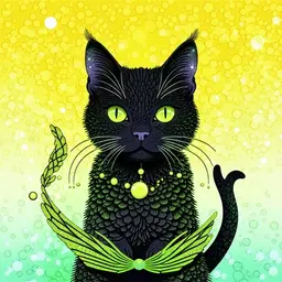 The witch's black cat has a mermaid tail and eyes in a gradient of green and yellow.