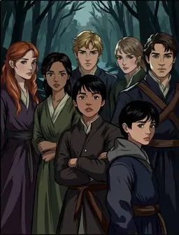 A group of six people all dressed in medieval attire. 5 adults: one 18 yo girl with long wavy copper hair and purple eyes. An 18 yo asian girl. An 18 yo blond boy with grey eyes. An 18 yo boy with brown hair and grey eyes. And an 18 year old blond boy with brown eyes. Apart from the five adults there is one child, a seven year old boy with black hair and brown eyes.