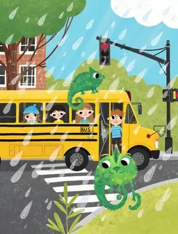 a chameleon missing the bus to school and having to walk to school in the pouring rain on street