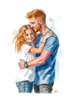Dad and daughter hugging. Daughter with blonde curly hair and dad has ginger hair. 