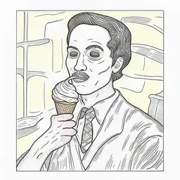 a man portrait eating ice cream. Colibris a re flying around