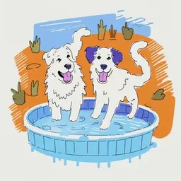 two australian shepherd dogs playing in the splash pool