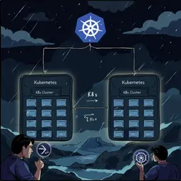 The image represents a Kubernetes multi-cluster architecture. Here are the key details:

Kubernetes Icon: At the center of the image, there is a Kubernetes logo, signifying Kubernetes as the orchestrator managing multiple clusters.

Two Kubernetes Clusters: The image contains two separate Kubernetes clusters, each labeled "K8s Cluster." Each cluster consists of multiple smaller rectangular elements, likely representing nodes or pods inside the clusters.

Connectivity Between Clusters:

There is a link (line) between the two clusters, which signifies inter-cluster communication.
One of the clusters has a circular synchronization icon, indicating potential federation, replication, or failover between the clusters.
User Interaction:

A user icon is shown interacting with Kubernetes, possibly representing an administrator or a user managing or deploying applications across clusters.
Multi-Cluster Deployment: This diagram likely represents a scenario where multiple Kubernetes clusters are deployed across different regions, data centers, or cloud providers, with mechanisms for synchronization, redundancy, or disaster recovery.