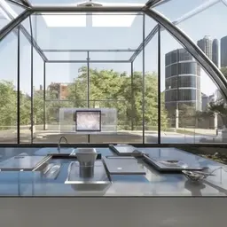 The whole square is surrounded by transparent viewing windows, and the front is reticulated. Dry and ventilated, transparent all around, the space should be large, the top is equipped with an emergency call, there are food troughs and sinks inside, there is a smart display screen on the right side of the outside, and the bottom of the interior is designed to be portable and replaceable nursing pads, and there is temperature control in the next day to maintain the temperature of the nursing pads for pets