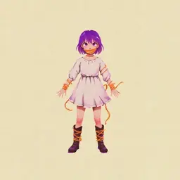 A girl animewith purple hair and purple eyes in a white dress with boots tied up and gagged hog tied