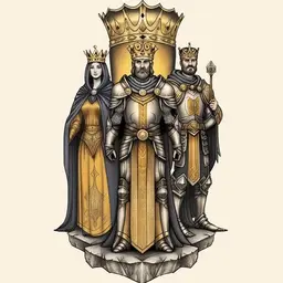Three people, each symbolizing a certain branch of power: a sage in a robe, symbolizing knowledge, a paladin with a shield, symbolizing security, and the chief ruler with a golden crown, who stands in the foreground