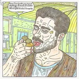 a man portrait eating ice cream. Colibris a re flying around