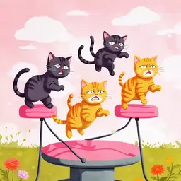 5 crying cats jumping on a trampolin