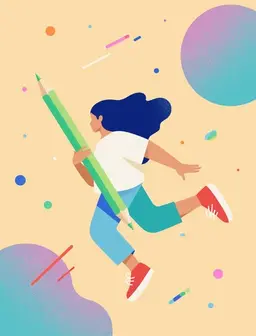 a girl with flowing hair, holding a giant pencil, hovers in space