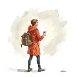 A boy in a red jacket stands with a coffee cup in his hand