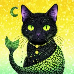 The witch's black cat has a mermaid tail and eyes in a gradient of green and yellow.