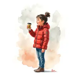 A boy in a red jacket stands with a coffee cup in his hand