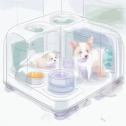 The whole square is surrounded by transparent viewing windows, and the front is reticulated. Dry and ventilated, transparent all around, the space should be large, the top is equipped with an emergency call, there are food troughs and sinks inside, there is a smart display screen on the right side of the outside, and the bottom of the interior is designed to be portable and replaceable nursing pads, and there is temperature control in the next day to maintain the temperature of the nursing pads for pets