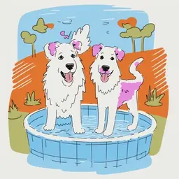 two australian shepherd dogs playing in the splash pool