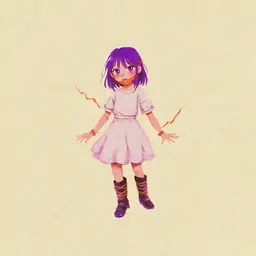 A girl animewith purple hair and purple eyes in a white dress with boots tied up and gagged hog tied