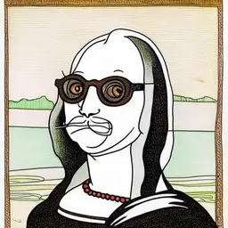 white cat in black glasses instead of the Mona Lisa in the picture, white cat instead of the Monolisa