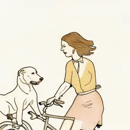Woman walking a dog riding a bicycle