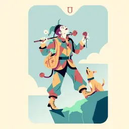 Create the tarot card “The Jester.” The card depicts a man in unusual and colorful clothes, holding a rose in his hand. On his shoulder he has a stick with which hangs a bag embroidered with witch symbols. He looks up into the sky and steps towards an invisible precipice, from which a little dog unsuccessfully tries to keep him away.