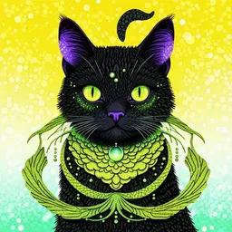 The witch's black cat has a mermaid tail and eyes in a gradient of green and yellow.