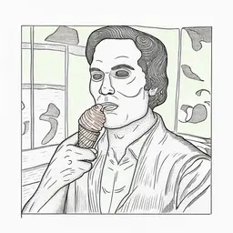 a man portrait eating ice cream. Colibris a re flying around