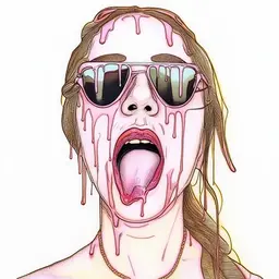 a woman wearing sunglasses with mouth open and ejaculate all over face and dripping and running off of tongue