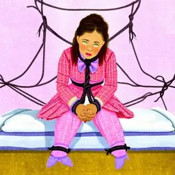 a woman on hand and knees naked , on a bed  tied up