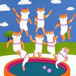5 crying cats jumping on a trampolin