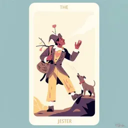 Create the tarot card “The Jester.” The card depicts a man in unusual and colorful clothes, holding a rose in his hand. On his shoulder he has a stick with which hangs a bag embroidered with witch symbols. He looks up into the sky and steps towards an invisible precipice, from which a little dog unsuccessfully tries to keep him away.