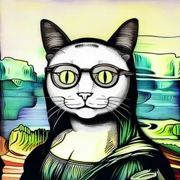 white cat in black glasses instead of the Mona Lisa in the picture, white cat instead of the Monolisa