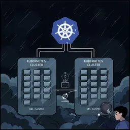 The image represents a Kubernetes multi-cluster architecture. Here are the key details:

Kubernetes Icon: At the center of the image, there is a Kubernetes logo, signifying Kubernetes as the orchestrator managing multiple clusters.

Two Kubernetes Clusters: The image contains two separate Kubernetes clusters, each labeled "K8s Cluster." Each cluster consists of multiple smaller rectangular elements, likely representing nodes or pods inside the clusters.

Connectivity Between Clusters:

There is a link (line) between the two clusters, which signifies inter-cluster communication.
One of the clusters has a circular synchronization icon, indicating potential federation, replication, or failover between the clusters.
User Interaction:

A user icon is shown interacting with Kubernetes, possibly representing an administrator or a user managing or deploying applications across clusters.
Multi-Cluster Deployment: This diagram likely represents a scenario where multiple Kubernetes clusters are deployed across different regions, data centers, or cloud providers, with mechanisms for synchronization, redundancy, or disaster recovery.