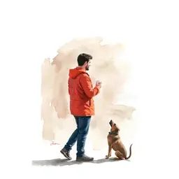 A boy in a red jacket stands with a coffee cup in his hand