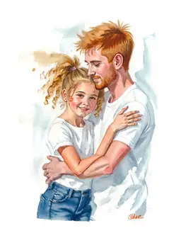 Dad and daughter hugging. Daughter with blonde curly hair and dad has ginger hair. 